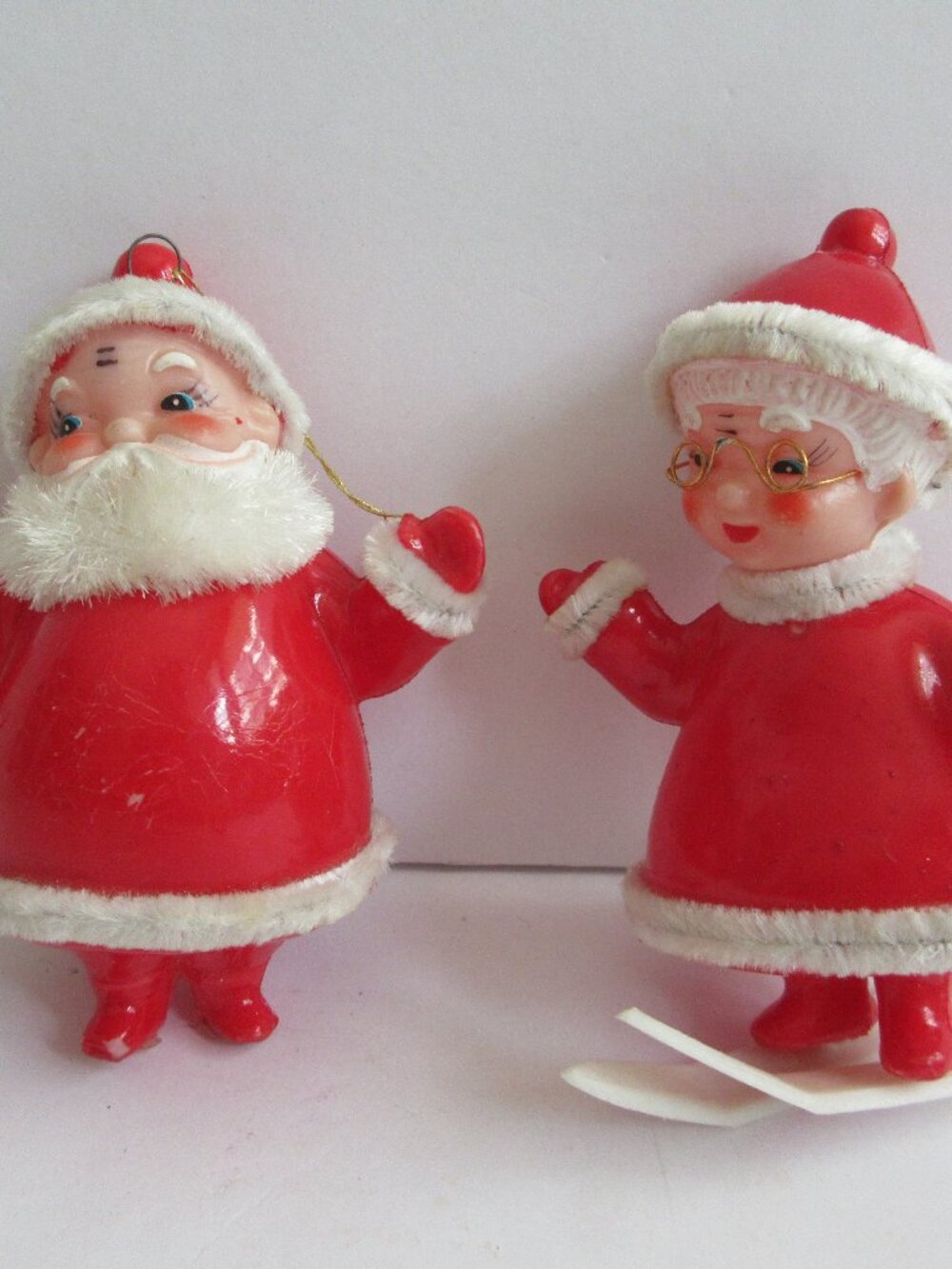 Santa Mrs Claus Skiing Blow Mold Plastic Chenille Piping Trim 4'' Japan Vintage